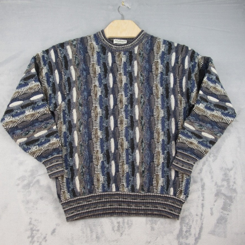 Norm Thompson Sweater Mens M/L Blue Coogi Style 3D Knit Wool Blend Made in Italy